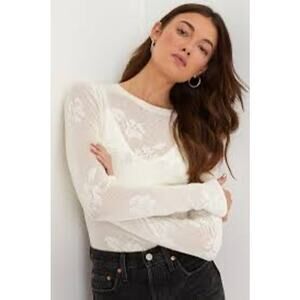 Z Supply Tibi Ivory Mesh Knit Floral Long Sleeve Sweater Top Size Medium